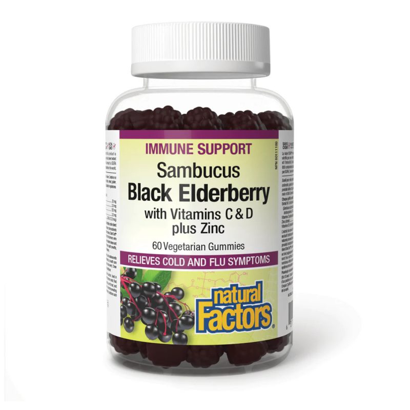 Natural Factors Sambucus Black Elderberry with Vitamins C & D plus Zinc, 60 VGummies