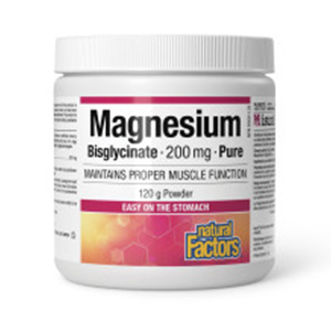 Natural Factors Pure Magnesium Bisglycinate 200mg - Relieves Muscle Cramping, 120g