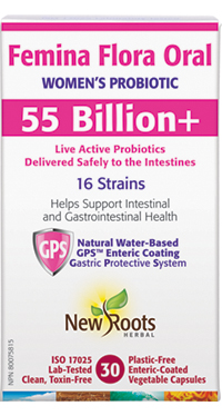 New Roots Femina Flora Oral Women's Probiotic 55 Billion+ 16 Strains, 30 Vcaps